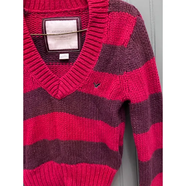 Y2K American Eagle Womens Pink Purple Striped V-Neck Chunky Knit‎ Sweater Small - Image 2
