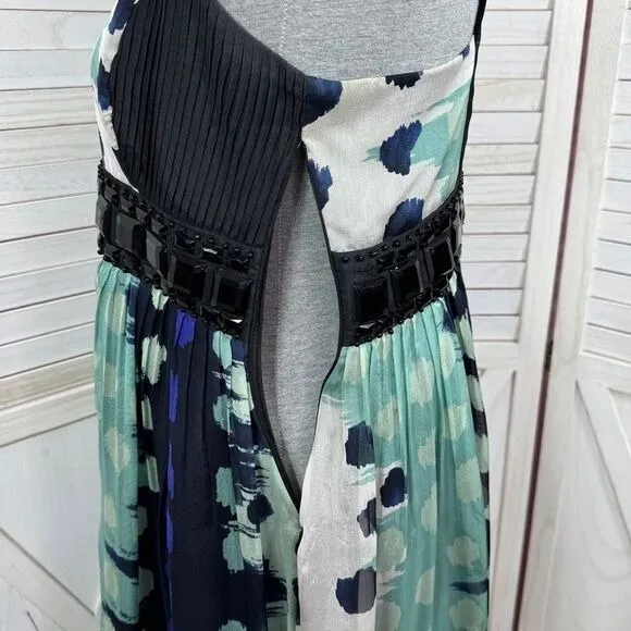 Zara Beaded Silk Pleated Multi Pattern Fit‎ Flare Halter Dress Black Teal Medium - Image 9