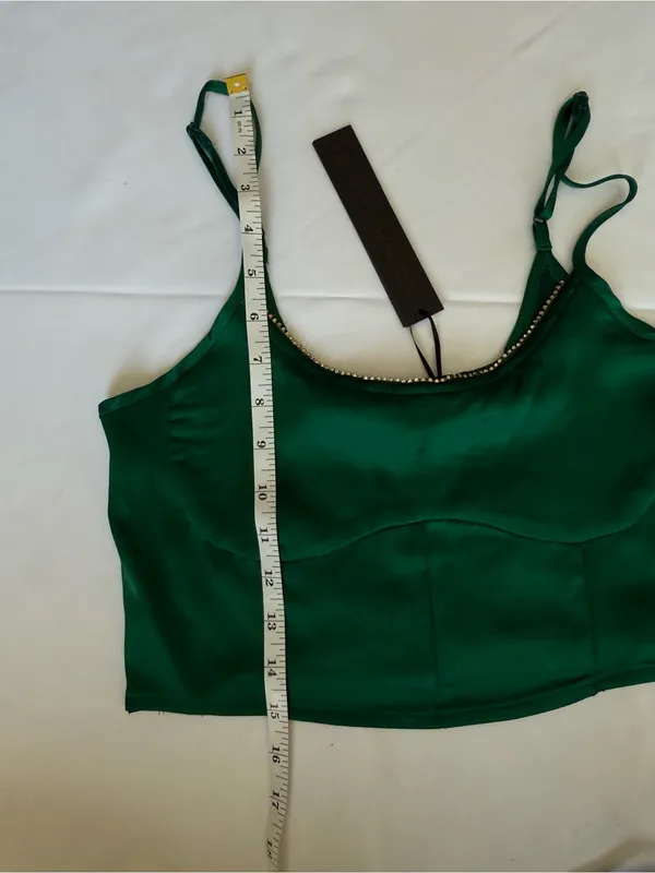 House of Harlow 1960 Emerald Green Satin Rhinestone Trim Crop Top Size Medium - Image 7