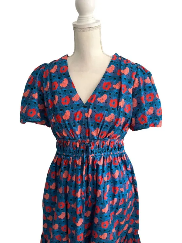 TUCKERNUCK Blue Red Tropical Floral Print Dress Size Medium - Image 5