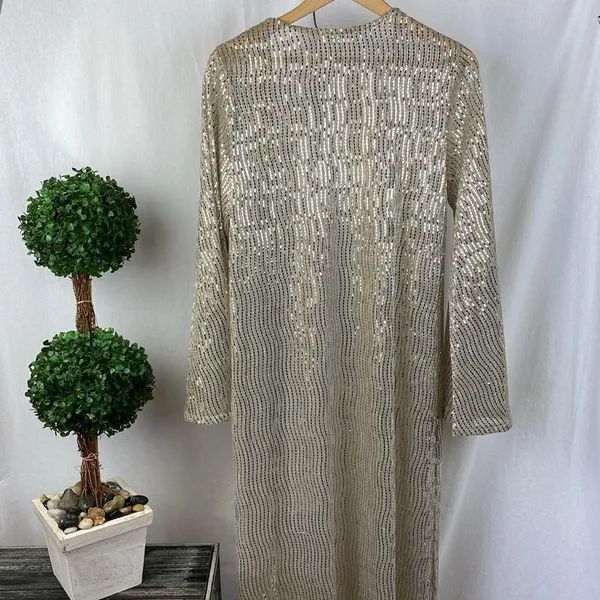 Caramela Tan & Gold Metal Embellished Open Front Sheer Duster Sweater L - Image 3