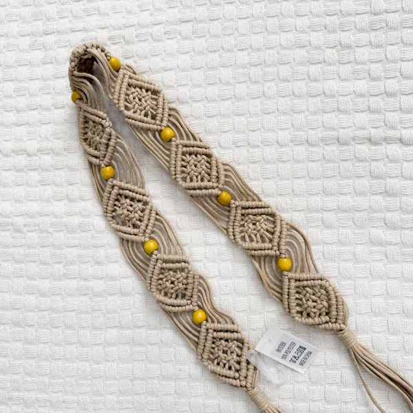 NWT Macrame Boho Woven Rattan Straw Rope Braid Waist Belt Khaki Tan - Image 8