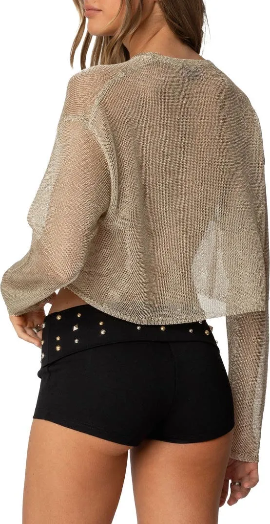 Edikted Aviva Cropped Gold Metallic Sheer Long Sleeve Top Small - Image 4