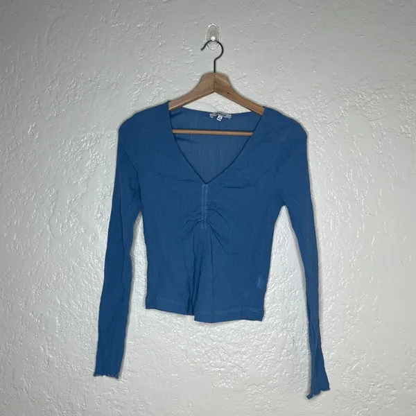 Madewell Semi-Sheer Shirred V-Neck Top Blue Long Sleeve NM647 FA23 Women M - Image 2