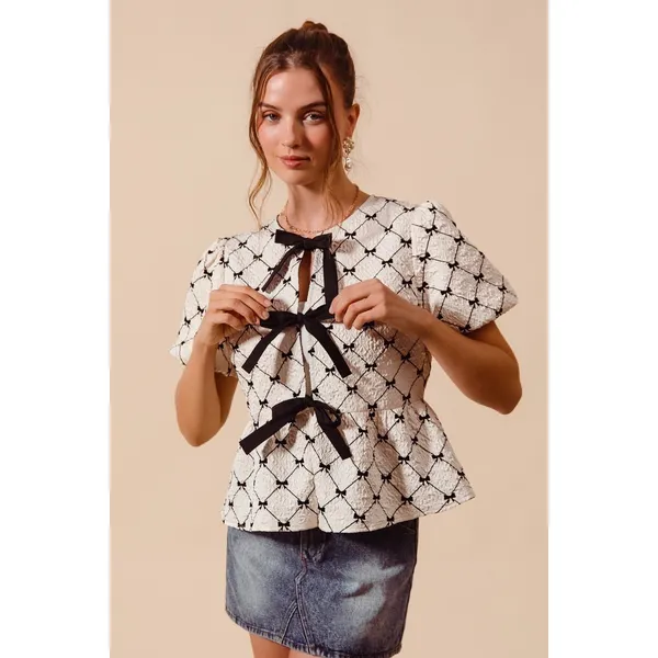 SO ME Bow Texture Woven Peplum Top With Contrast Tie - Ivory - Small - Image 8