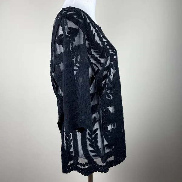 Laundry by Shelli Segal Blouse‎ Large Black Lace Brocade Over Mesh Scalloped Hem - Image 5