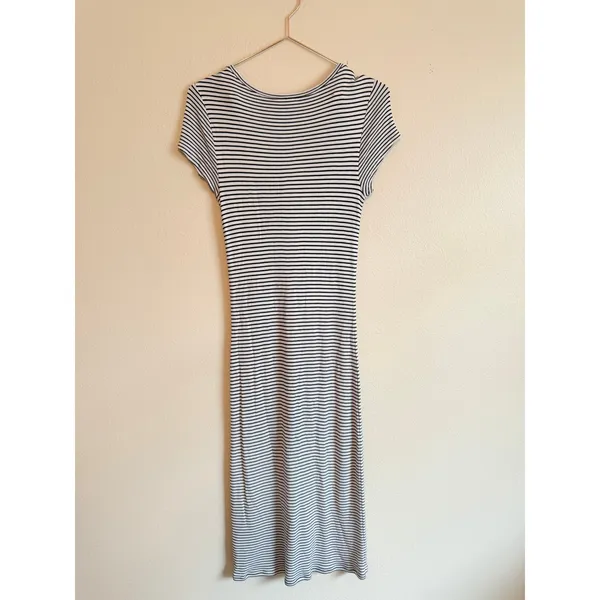 Club Monaco Dress Womens Small White Navy Striped Short Sleeve Bodycon Midi‎ - Image 7