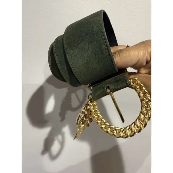 Vintage Dame Belt and Bag Green Suede Leather Belt Size‎ L Womens Genuine 36.5" - Image 4