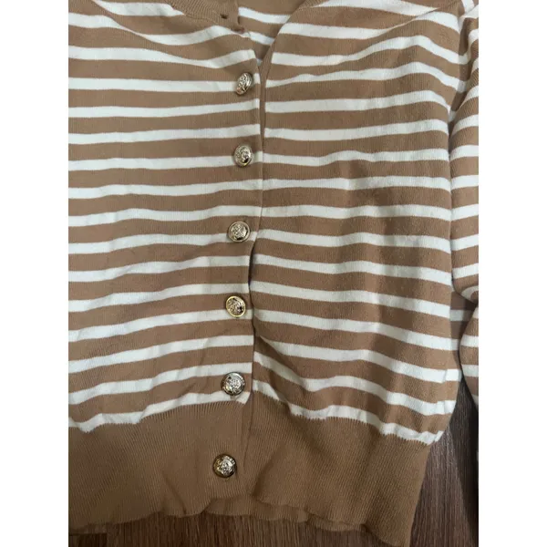 CIDER Striped Button Cardigan Sweater Women Size L Brown White Acrylic Blend‎ - Image 3