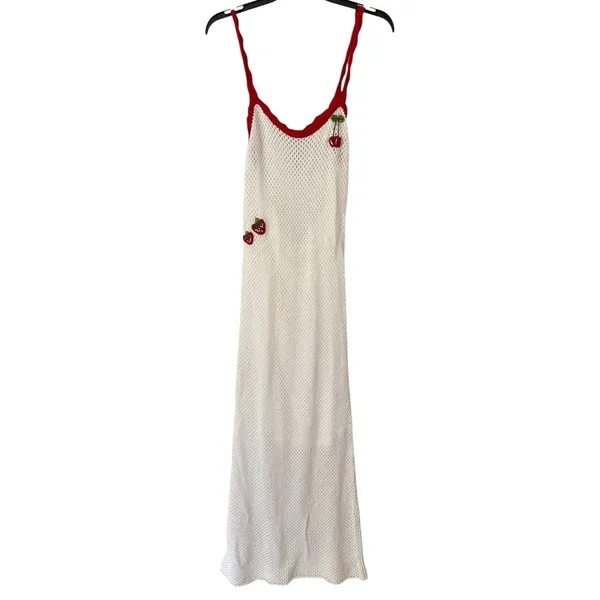 NWOT WAYF Cherry Applique Crochet Knit Maxi Dress Ivory Red Size Medium - Image 2