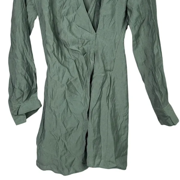 Zara Long Sleeve Tunic Wrap Style Mini Dress Collard V Neck Button M Sage Green - Image 5