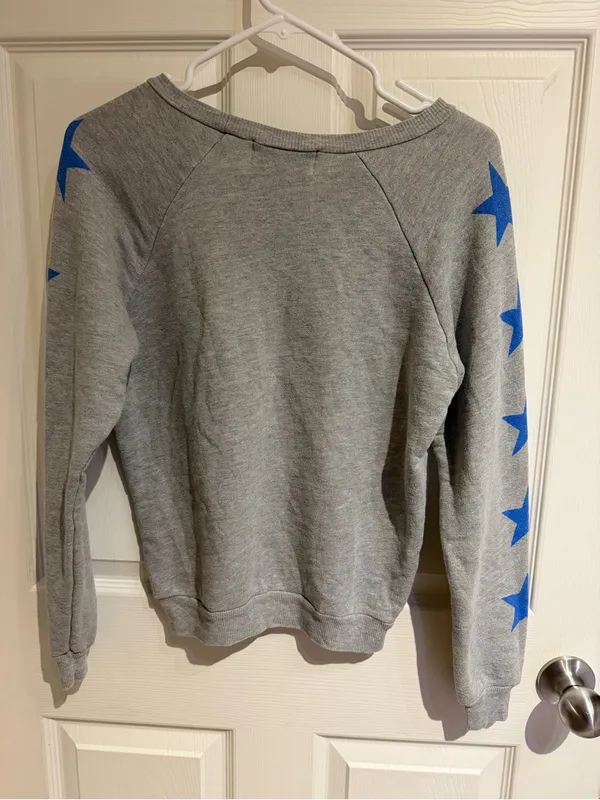 Wildfox Grey Crewneck Sweater with Red Stripes and Blue Stars XS - Image 2