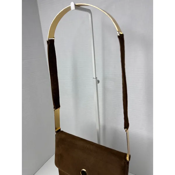 Prestige Vintage suede brown bag with gold hardware & flap closure - Image 3