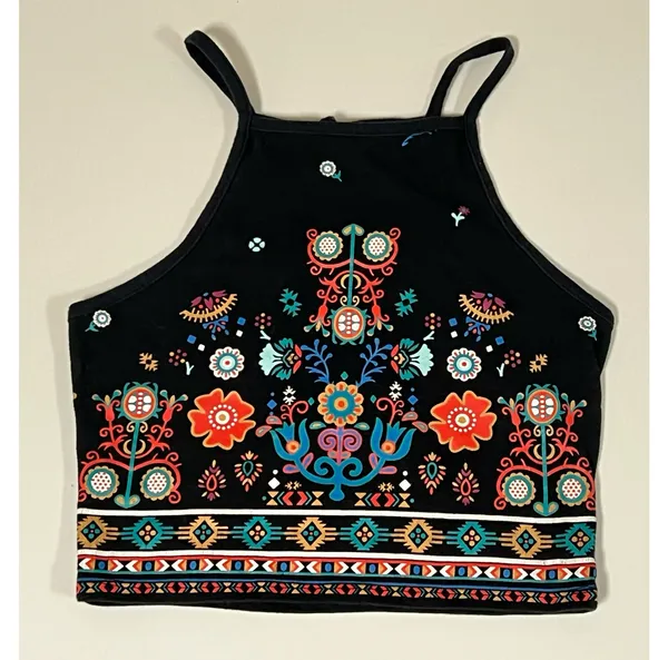 Kendall & Kylie Black Boho Bohemian Floral Print Square-Neck Halter Crop Top Shirt Blouse Tee Size XS 🌻✨ - Image 4
