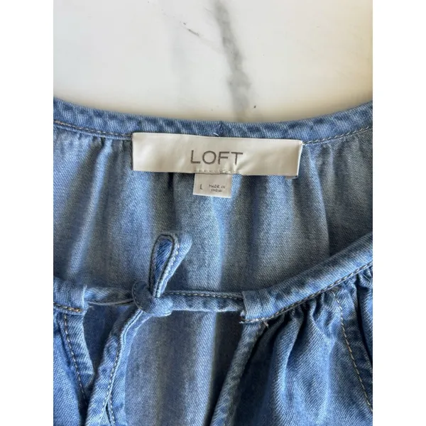 LOFT Women L Denim Chambray Tie Neck Wide Sleeve Tiered Drop Waist Dress Cotton - Image 8
