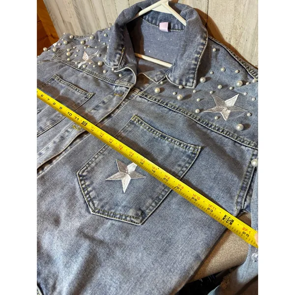 Womens‎ Denim Distressed Jacket Casual star Embellished XL - Image 4