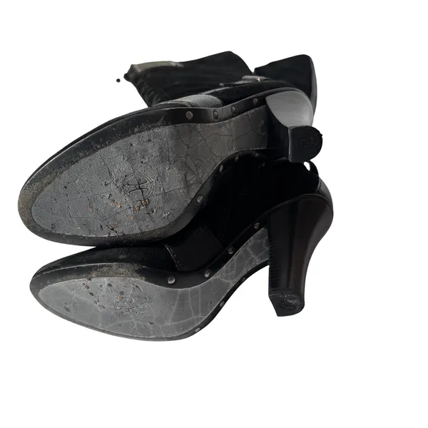 Cole Haan Vtg Y2K Black‎ Suede Faux Leather Strap Zip Tall Boot Heel Womens 6 - Image 5