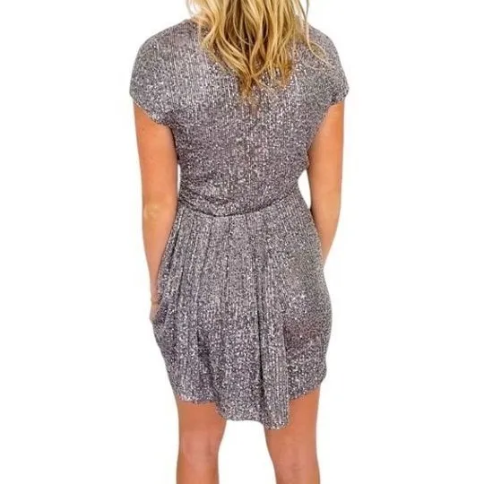 Heartloom‎ Sequin Mini Dress Women Large Silver Wrap V-Neck Cap Sleeve Party New - Image 4