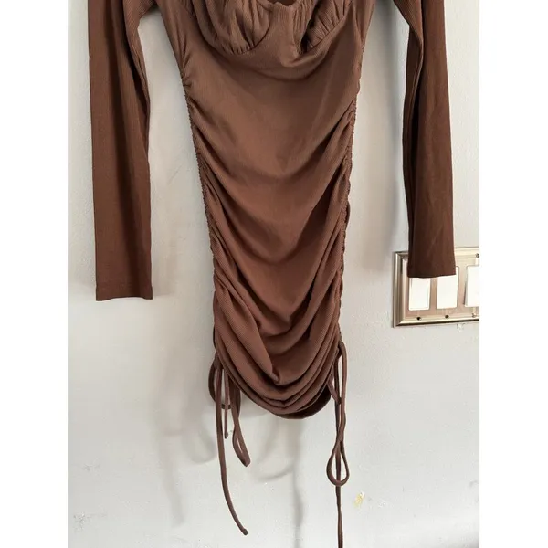 Princess Polly Brown Neive Long Sleeve Ribbed Ruched Mini Dress Size 6 - Image 6