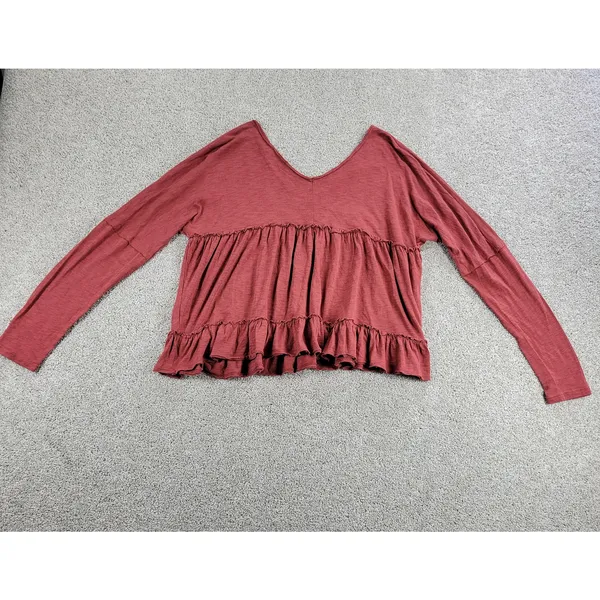 Altar’d State Cropped Top M Red V Neck Long Sleeve Ruffle Trim Pullover Blouse - Image 2
