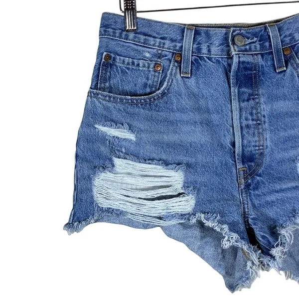 Levi's 501 Jean Shorts Distressed Raw Hem Medium Wash Denim Festival Size 30 - Image 2