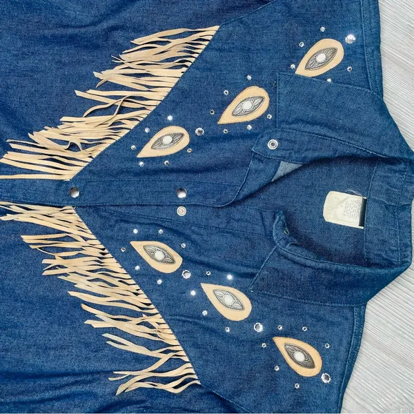 Iif vintage 80s tassel western blue jean button up long sleeve shirt petit - Image 2