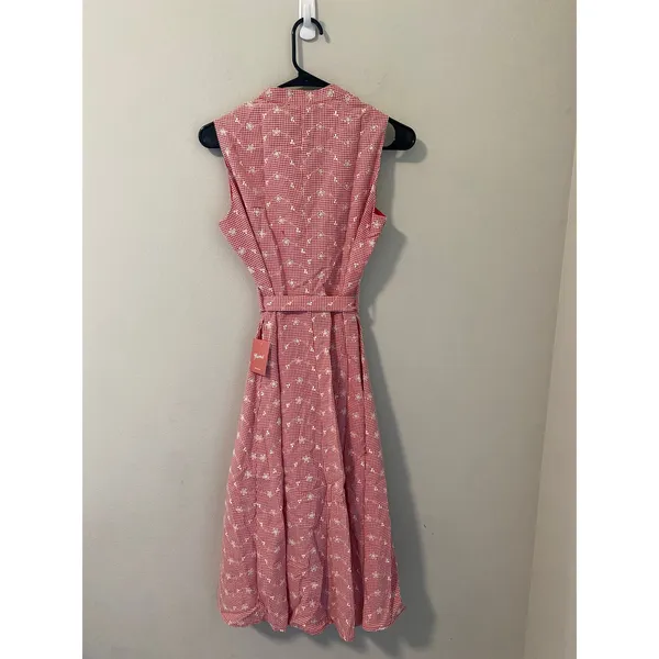 Yumi Kim NWT Red Gingham Floral Embroidered Belted Midi Dress Size 8 - Image 4