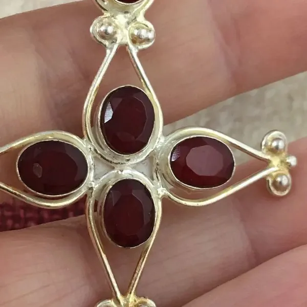 Kashmiri Ruby cross Silver Pendant Red - Image 5