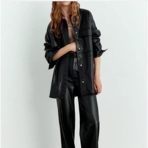 Zara Faux Leather Overshirt, Shacket In Black Size M - Image 2