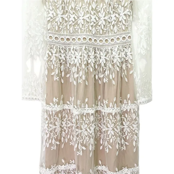 Bohme Lola Lace Midi Dress Small Beige Ivory Embroidered Sheer Long Sleeve Boho - Image 4