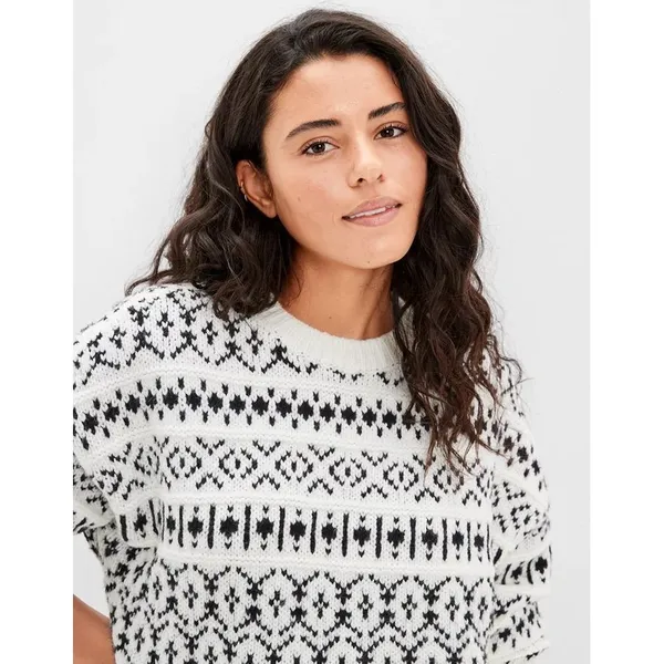 AMERICAN EAGLE Outfitters Fairisle Crew Neck Sweater Black White Fair Isle Small - Image 4