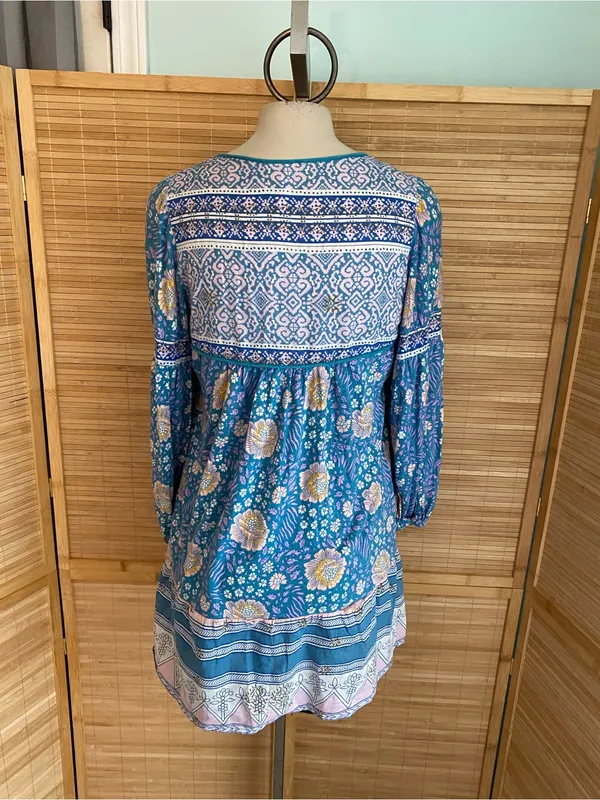 Free People boho Blue Purple Floral Tunic Lace trim Boho Cute 3/4 sleeve medium - Image 6