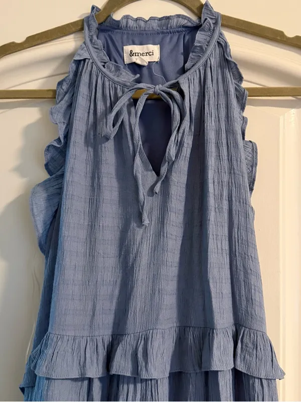 &merci Light Blue Ruffled Tiered Maxi Dress with Tie Neck - Image 2