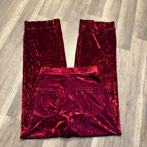 Halara Burgundy Crushed Velvet Flare Pants XS Button Front Stretch - Image 2