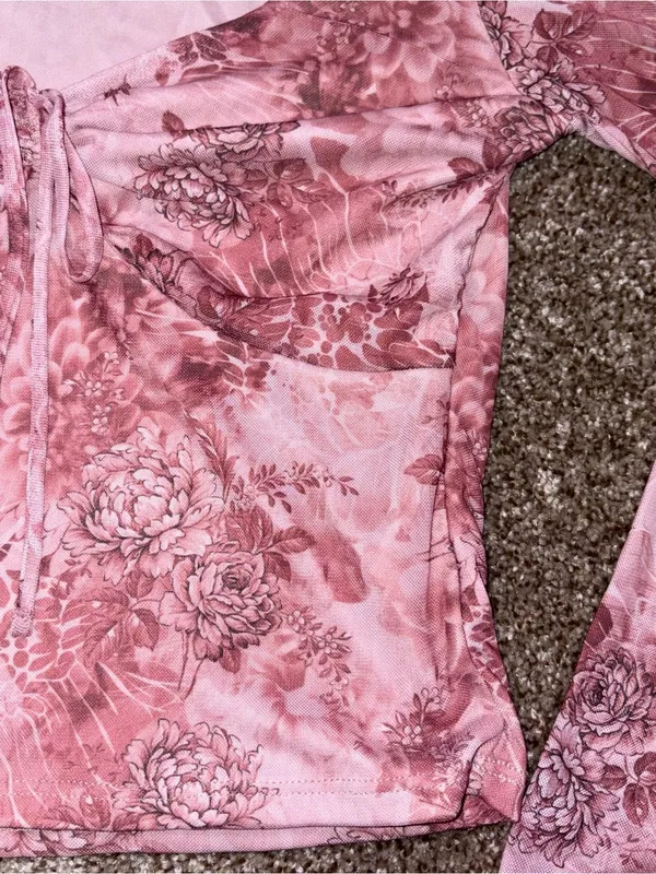 Y2K Pink Floral Mesh Long Sleeve Top Medium M tie Crop - Image 5