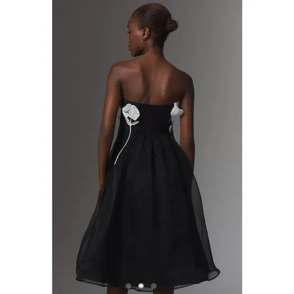 Maeve 3D Floral Strapless Midi Dress – Black & White – XS - Image 2