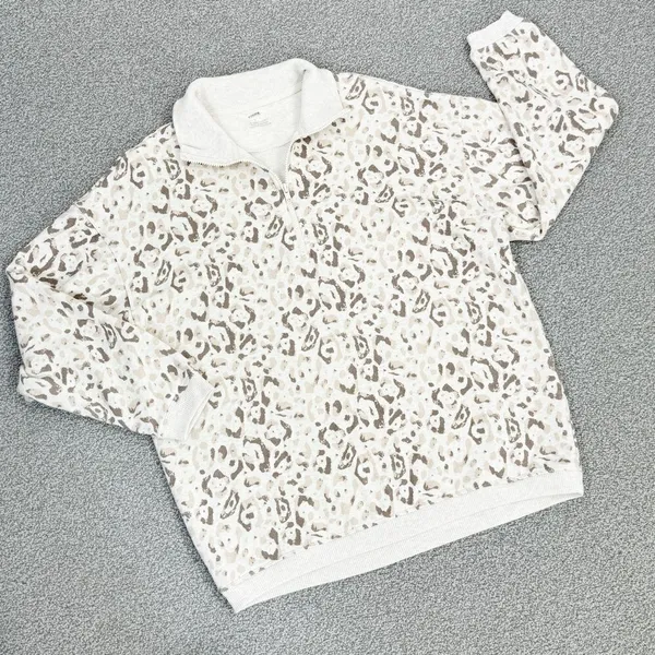 Aerie Leopard Print Oversized‎ Sweatshirt Cream Tan Beige Small Quarter Zip - Image 14
