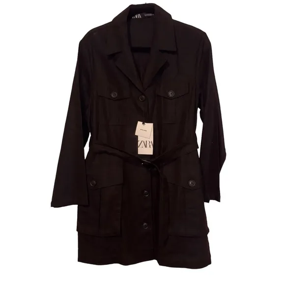 NWT ZARA Dress M women linen blend black button down - Image 2