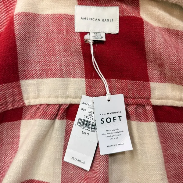 American Eagle Red Buffalo Plaid Hooded Flannel Shirt Sherpa Lined Small NEW - Image 8