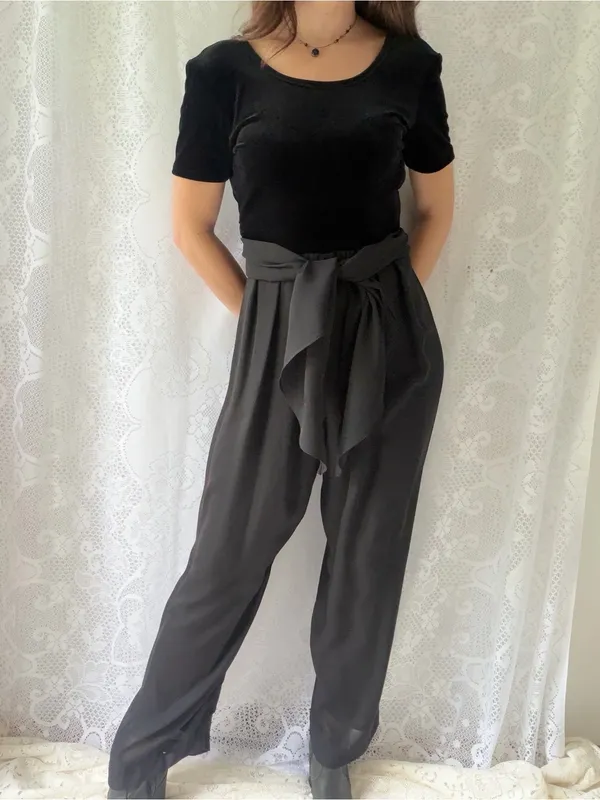 Vintage 90s CDC Black Velvet Wide Leg Jumpsuit Size 4 - Image 3