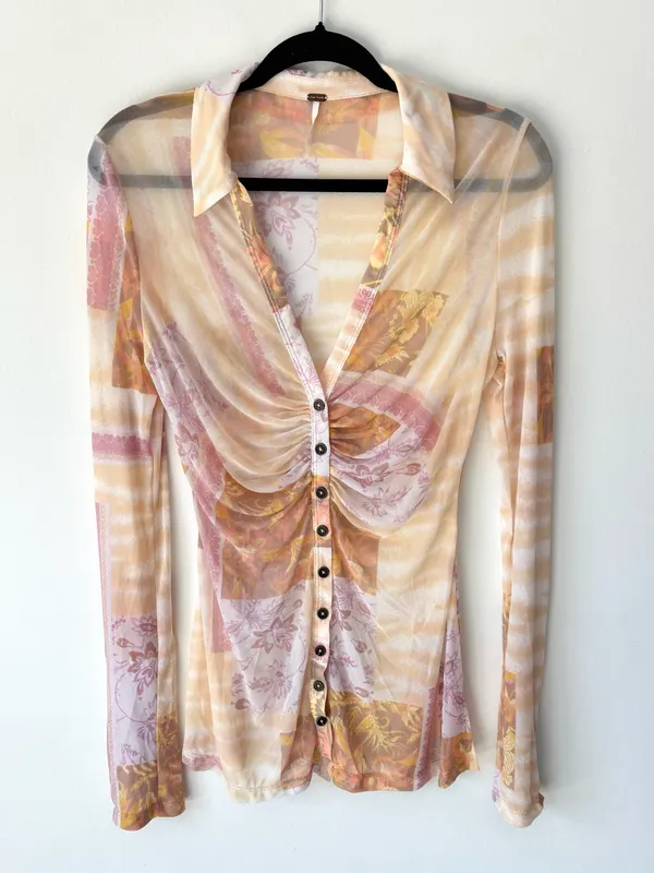 Free People Lucky Shirtee Light Combo Sheer Mesh Button Front Floral Patchwork - Image 2