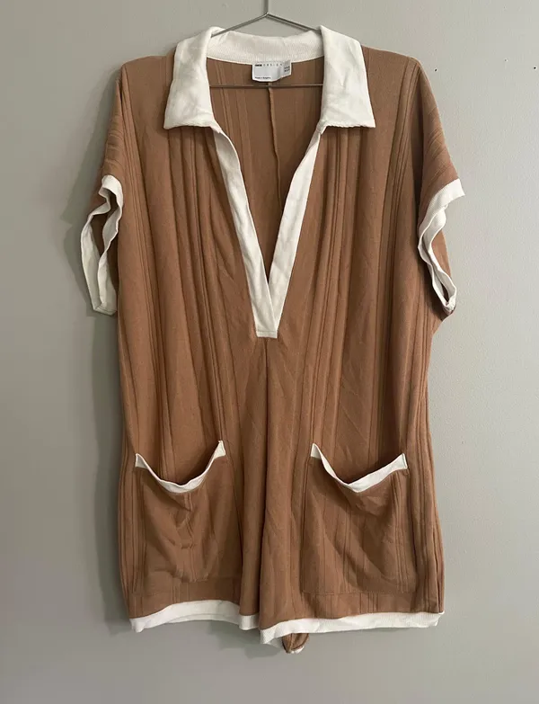 ASOS Design Contrast Collar Oversized Rib Romper In Brown - Image 4