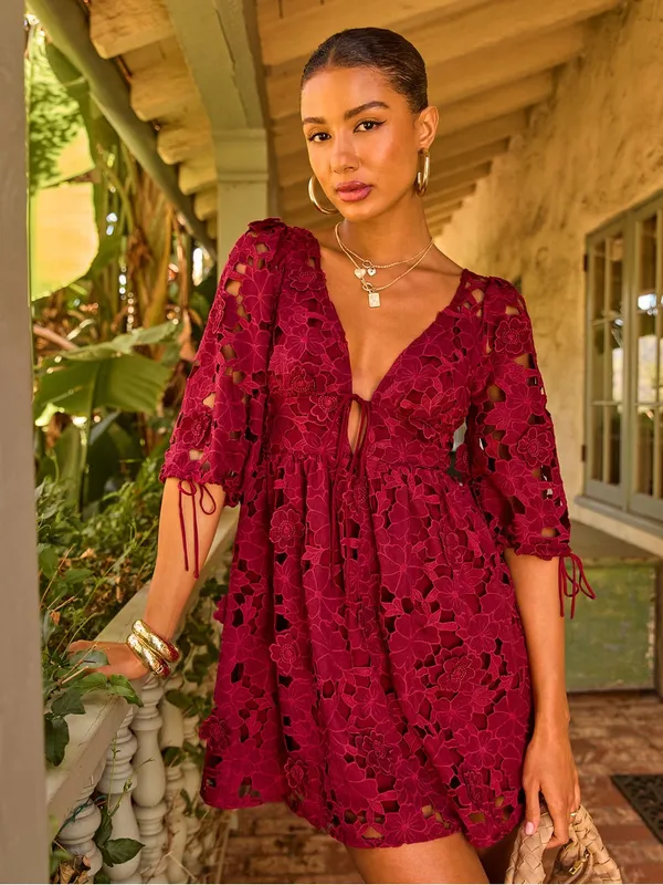 NWOT VICI Paulette Floral Crochet Lace Mini Dres Burgundy - Image 2