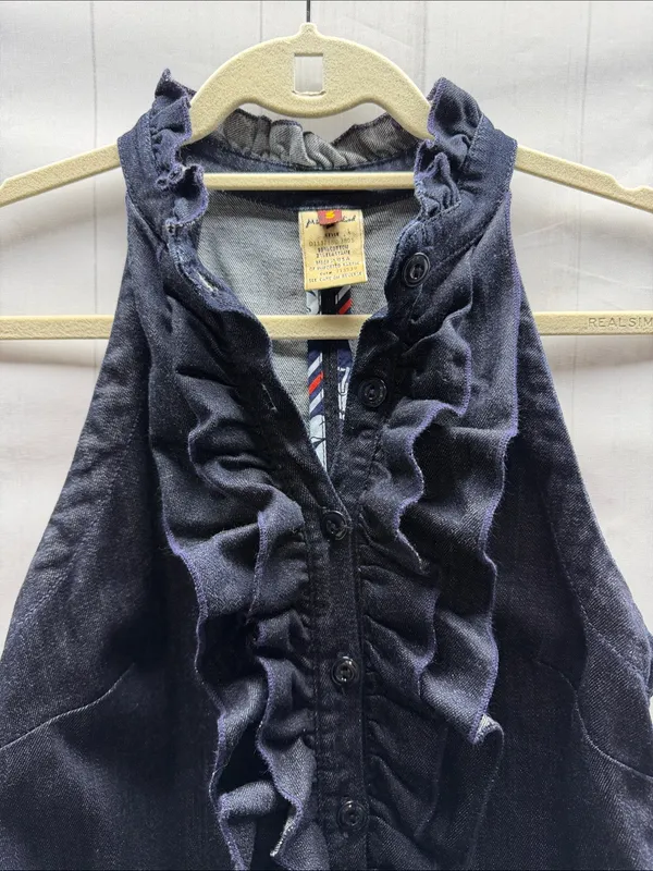 7 For All Mankind Dark Blue Denim Ruffle Button Front Sleeveless Jean Dress - Image 2