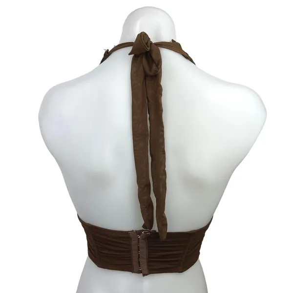 Edikted Brown y2k Sleeveless V-Neck Halter Tie Cinched Corset Crop Tank Top Sz S - Image 4