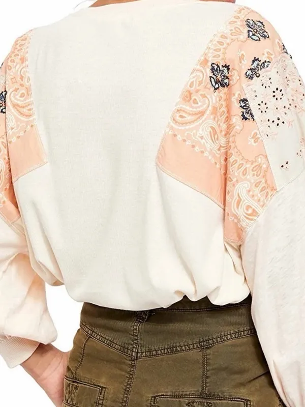 We the Free Feelin It Patchwork Paisley Peach Top Western Boho Free People Small - Image 10