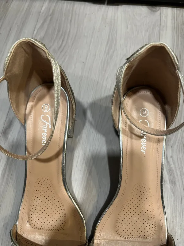 Forever 21 Silver open Toe Rhinestone‎ Ankle
Strap Buckle Low Chunky Heels - Image 6