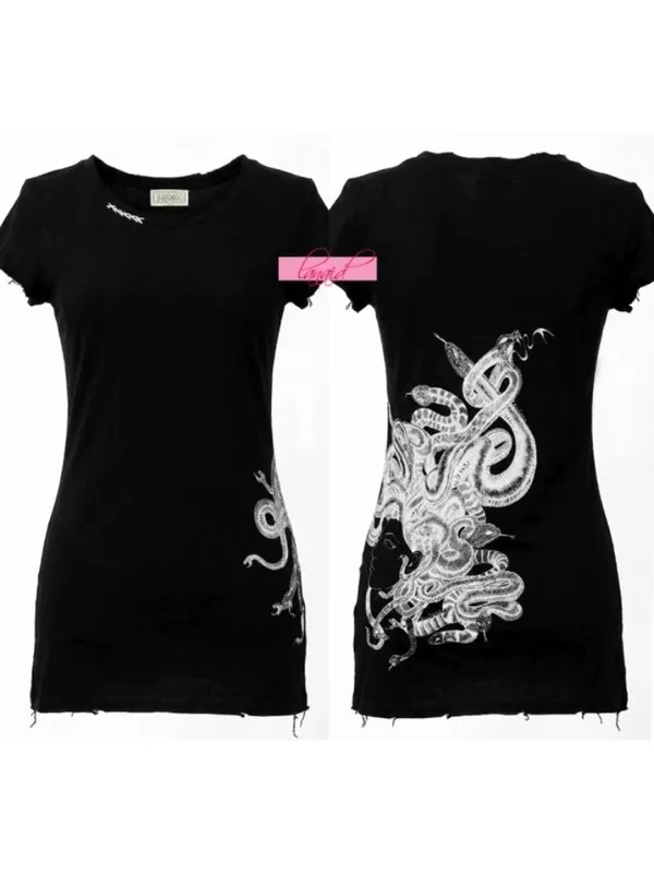 Lauren Moshi Medusa Tee Black Distressed Snakes Fitted Gothic Edgy Tunic Top S - Image 2