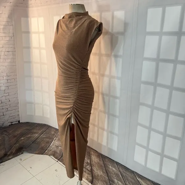Dress Forum Tan Metallic Glitter High Neck Ruched Slit Bodycon Midi Dress Small - Image 6