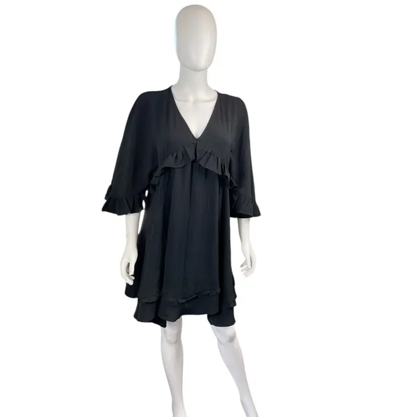 Entro Black Ruffled 3/4 Sleeve V Neck Babydoll ‎ Tiered Short Dress NWT Size M - Image 3